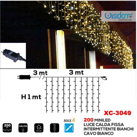 Trade Shop - Tenda Luminosa Natalizia 200 Led Luce Calda Fissa + Bianca Intermittente Xc-3049 -