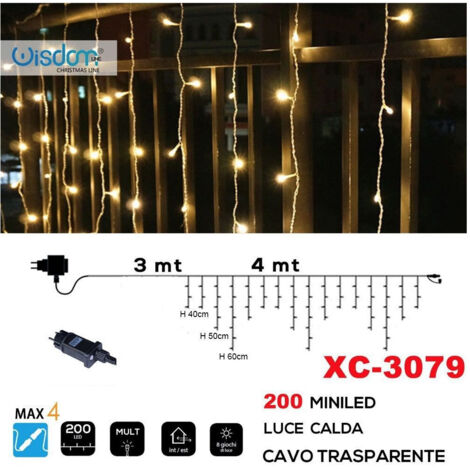 TRADE SHOP - Tenda Luminosa Natalizia 200 Mini Led Luce Calda Cavo Trasparente Xc-3079 -