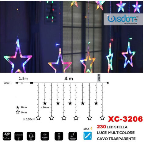 TRADE SHOP - Tenda Luminosa Natalizia 230led Stelle Luce Multicolore Cavo Trasparente Xc-3206 -