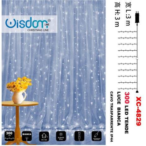 TRADE SHOP - Tenda Luminosa Natalizia 300led Luce Bianca Cavo Trasparente 8giochi Luce Xc4829 -