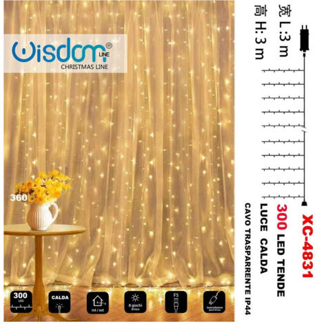 Trade Shop - Tenda Luminosa Natalizia 300led Luce Calda Cavo Trasparente 8giochi Luce Xc-4831 -
