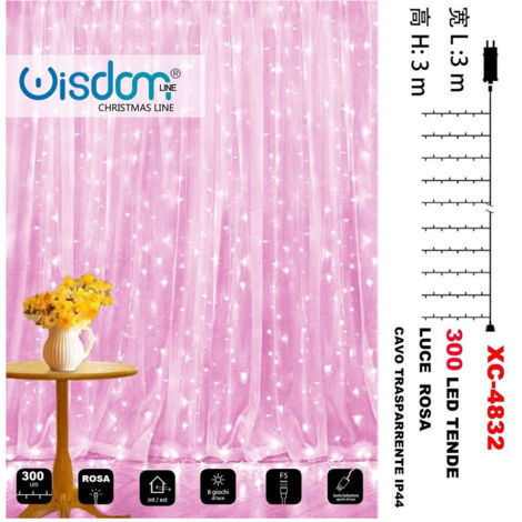 TRADE SHOP - Tenda Luminosa Natalizia 300led Luce Rosa Cavo Trasparente 8 Giochi Luce Xc-4832 -