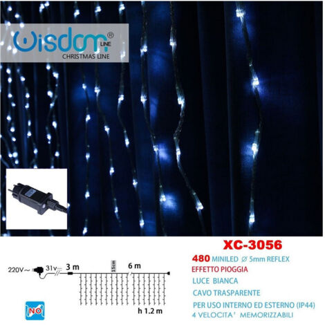 Trade Shop - Tenda Luminosa Natalizia 480 Mini Led Effetto Pioggia Luce Bianca Ip44 Xc-3056 -