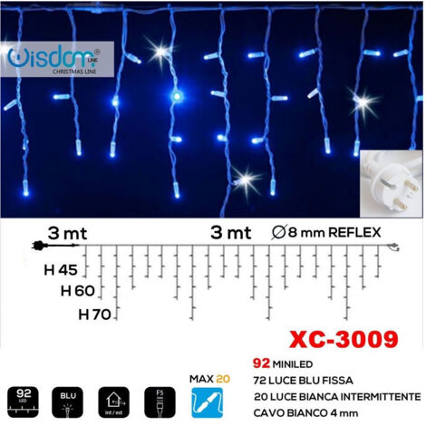TRADE SHOP - Tenda Luminosa Natalizia 92 Led Luce Blu Fissa + Bianca Intermittente Xc-3009 -