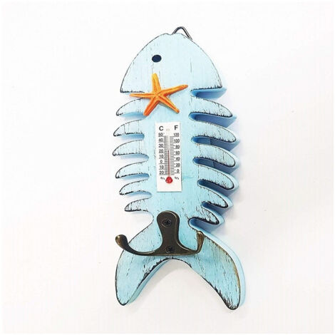 TRADE SHOP - Termometro Analogico Legno Da Parete Pesce Azzurro Doppio Gancio Per Chiavi -