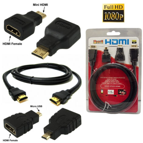 TrAdE Shop Traesio - 3 In 1 Cavo Hdmi Full Hd 1080p 1.5 M + Adattatori Mini Hdmi E Micro Hdmi Dorati -
