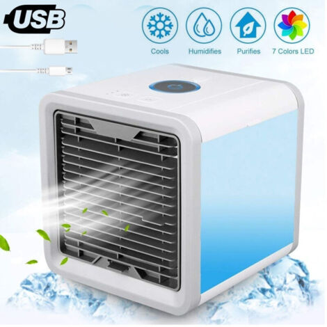 TRADE SHOP TRAESIO 3-in-1 Luftkühler, Mini-Ventilator, LED-Beleuchtung, USB-Anschluss, tragbarer Luftentfeuchter, 486 m³/h, 60 W, Grau