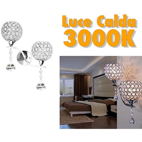 TrAdE Shop Traesio - Applique Da Parete Doppia Lampada Tondo Cristalli Luce Led Caldo 3000 Lampadario -