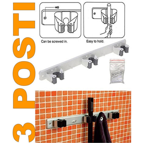 TrAdE Shop Traesio - Barra Porta Scope Appendi Scope 3 Posti Sostegno Murale Portascopa Appendiscope -