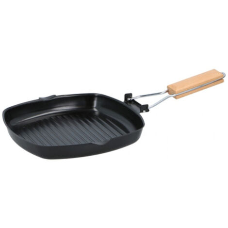 TrAdE Shop Traesio - Bistecchiera Antiaderente Piastra Griglia Con Manico Pieghevole In Legno 24x24cm -