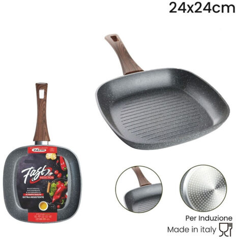 TrAdE Shop Traesio - Bistecchiera Quadrata Antiaderente Antigraffio Per Induzione Manico Legno Da 24x24/28x28cm -    -24 cm   -