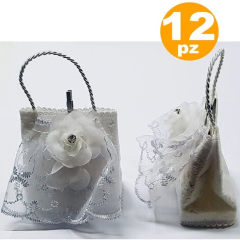 TrAdE Shop Traesio - Bomboniere Sacchetto Bustina Bianco Fiore Glitter Porta Confetti X Matrimonio -