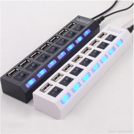 TrAdE Shop Traesio - Ciabatta Usb Multipresa Hub Con 7 Porte Usb 2.0 Nera O Bianca E Led Blu -