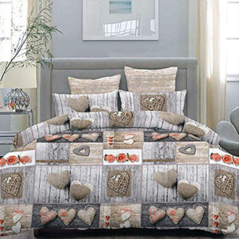 TrAdE Shop Traesio - Completo Matrimoniale Caldo Lenzuolo 250x290cm Maxi Angoli Cuori E Rose Grigio -