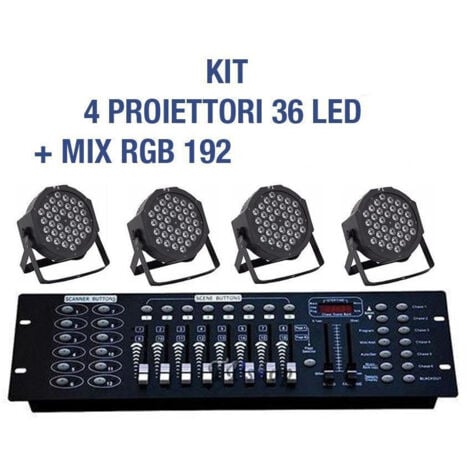TrAdE Shop Traesio - Kit Par Led Faro Rgb 36 Led Strobo Programmabile Dmx + Mixer 192 -      -4 Pezzi -