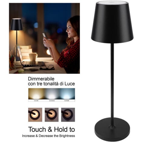 TrAdE Shop Traesio - Lampada Da Tavolo A Led Con Batteria Ricaricabile Touch Dimmerabile 3 Colori Bar - Nero