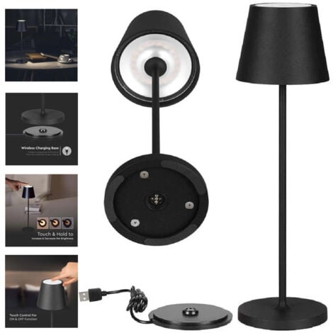 TrAdE Shop Traesio - Lampada Da Tavolo Led Dimmerabile Touch Nera Wireless Luce Bianca Calda 3000k 2w -