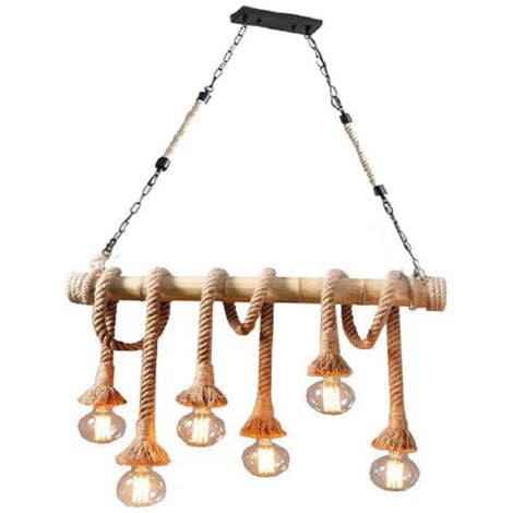 TrAdE Shop Traesio - Lampadario Country 6 Portalampada E27 Lampada Soffitto Vintage Legno Corda B23-6 -