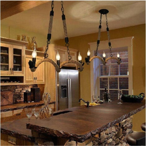 TrAdE Shop Traesio - Lampadario Vintage 3 Portalampada E14 Corda Canapa Lampada Country Retro A40-3 -