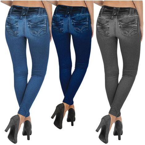 TrAdE Shop Traesio - Leggins D19 Donna Pantacollant Leggings Denim Effetto Jeans Taglia Unica - Blu Scuro
