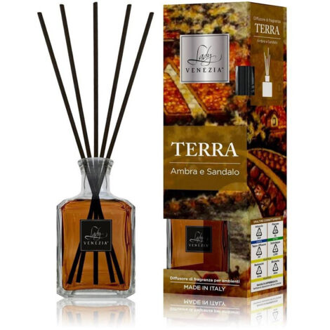 TrAdE Shop Traesio - Maxi Diffusore Ambiente Cubo Con Bastoncini Fragranza Terra Ambra E Sandalo 250ml -