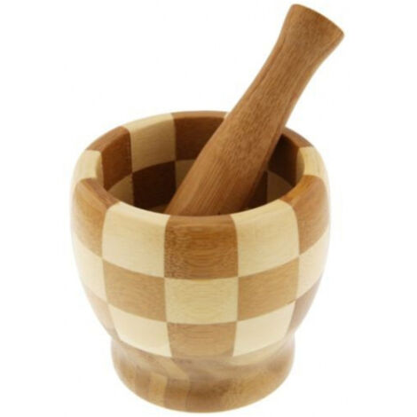 TrAdE Shop Traesio - Mortaio Pestello Manuale 11.5x10 Cm In Bamboo Legno Per Pesto Spezie Condimento -
