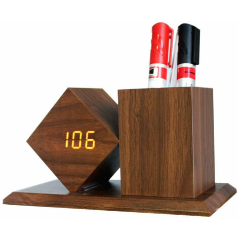 TrAdE Shop Traesio - Orologio A Led Sveglia Da Tavolo In Legno Con Portapenne Incorporato -