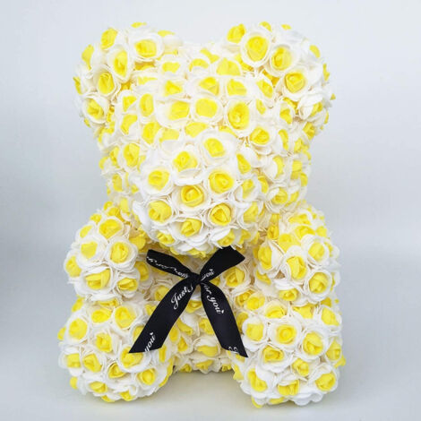 TrAdE Shop Traesio - Orsacchiotto Orsetto Orso Di Rose Con Fiori Rose Da 25cm Colore Giallo E Bianco -