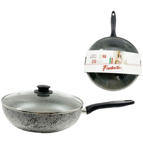 TrAdE Shop Traesio - Padella Alta Antiaderente Antigraffio A 7 Strati Con Coperchio In Vetro Manico Da 24-28cm -    -28 cm   -