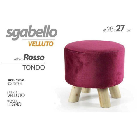 TrAdE Shop Traesio - Pouf Sgabello Velluto Colore Blu Rosso Verde Quadrato Tondo Gambe Legno 28x27cm - Rosso -Tondo -