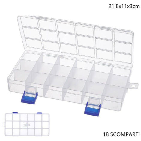 TrAdE Shop Traesio - Scatola Portaoggetti 18 Scomparti Pratica Scatola Contenitore Dim 21.8x11x3 Cm -