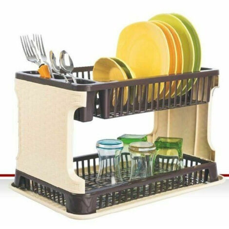 TrAdE Shop Traesio - Scolapiatti In Plastica Effetto Rattan 2 Ripiani Piatti Posate Bicchieri Marrone -