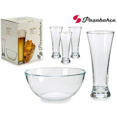 TrAdE Shop Traesio - Servizio Set 5 Pezzi Ciotola Vetro 22 Cm + 4 Bicchieri Birra Pub Aperitivo Bar -