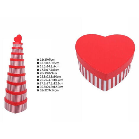 TrAdE Shop Traesio - Set 10pz Scatole Box Regali Varie Misure Matrioska Forma Cuore Rosso Righe 71955 -