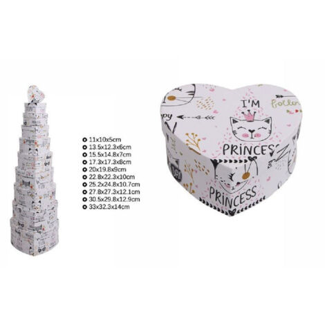 TrAdE Shop Traesio - Set 10pz Scatole Regali Varie Misure Matrioska Forma Cuore Fantasia Bianca 71968 -