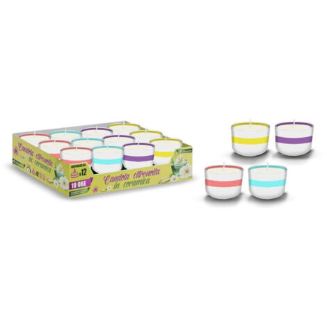TrAdE Shop Traesio - Set 12pz Candela Citronella 90gr In Ceramica Con Riga Colorata Repellente Insetti 032640 -