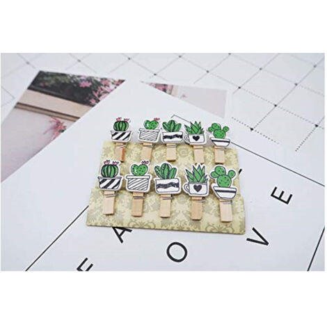 TrAdE Shop Traesio - Set 20pz Mollettine Cactus Di Legno Mollete Clip Corda Juta Decorazione Appendere Foto -
