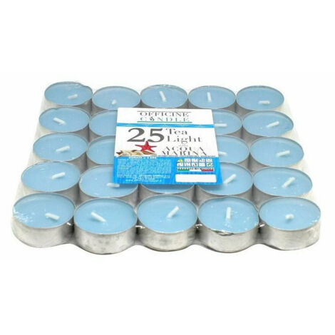 TrAdE Shop Traesio - Set 25 Pezzi Candele Azzurre Profumate Fragranza Acqua Marina Tealight Lumini -