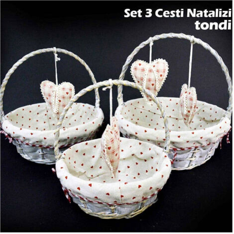TrAdE Shop Traesio - Set 3 Cestini Natalizi Tondi In Vimini E Tessuto Diametro 38/33/28 Cm Grigio -