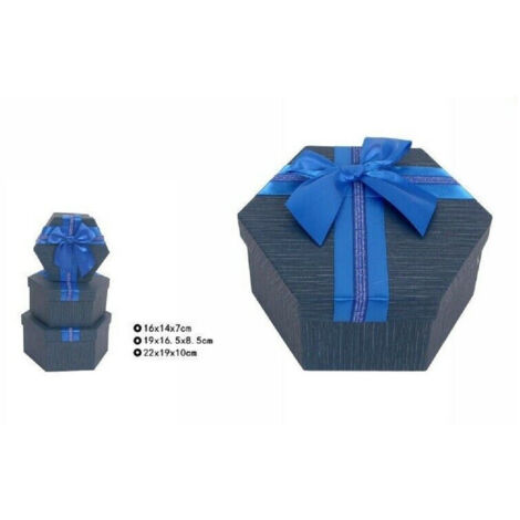 TrAdE Shop Traesio - Set 3 Pezzi Scatole Box Per Regali Varie Misure Esagonali Blu Con Fiocco 69352 -