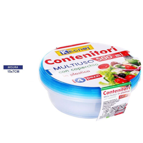 TrAdE Shop Traesio - Set 4 Pezzi Contenitori Multiuso Tondo Con Coperchio In Plastica 500 Ml Cucina -