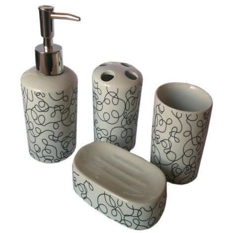 TrAdE Shop Traesio - Set 4 Pz Accessori Bagno In Ceramica Da Appoggio Design Moderno Fantasia -
