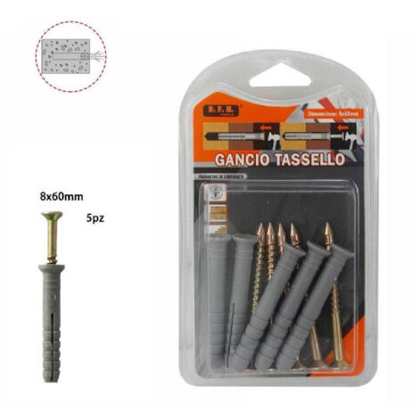 TrAdE Shop Traesio - Set 5 Pz. Tasselli Fisher Viti Vite Chiodi Gancio Tassello Misura 8 X 60mm 69053 -