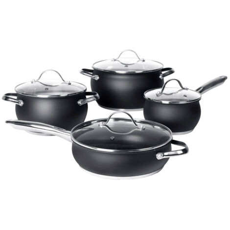 TrAdE Shop Traesio - Set Batteria Di Pentole Con Coperchi 8 Pezzi In Acciaio Inox Linea Blackcook Cucina -