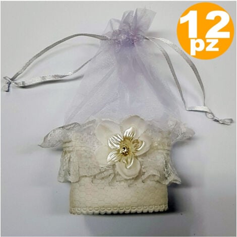 TrAdE Shop Traesio - Set Bomboniera Bomboniere Sacchetto In Organza Bianco Pizzo Fiore Porta Confetti -