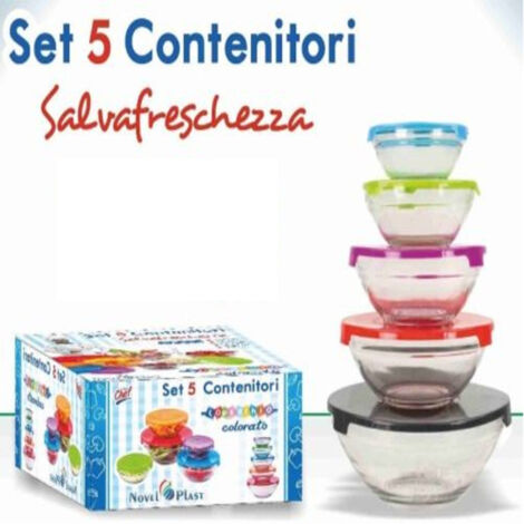 TrAdE Shop Traesio - Set Di 5 Contenitori Frigo Vetro Per Alimenti Con Coperchio Colorato -
