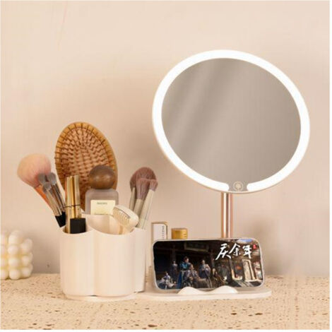 TrAdE Shop Traesio - Specchio Trucco Da Tavolo Con Luce Led Contenitore Portaoggetti Girevole Portacellulare -