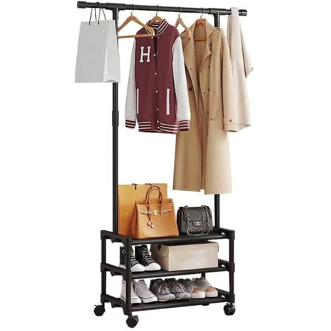 TRADESHOP TrAdE Shop Traesio - Stand Appendiabiti In Metallo Con Ruote Attaccapanni Con Ripiani Asta 56x35x165cm - Nero