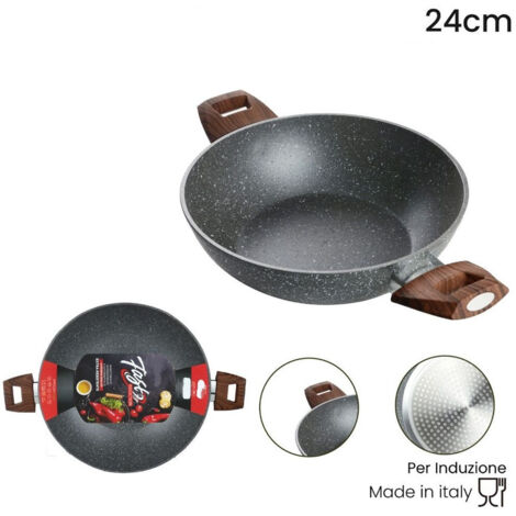TrAdE Shop Traesio - Wok Rivestimento Antiaderente Antigraffio Per Induzione Con 2 Manici Legno ø24-28-32cm -    -diametro 24   -