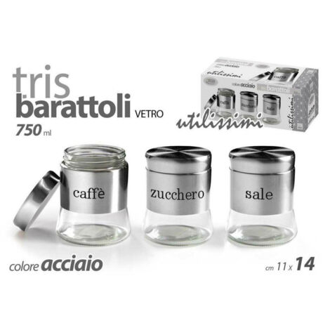 Trade Shop - Trio De Tarros 750ml 11x14cm Cristal Sal Azúcar Café 772016 Acero -